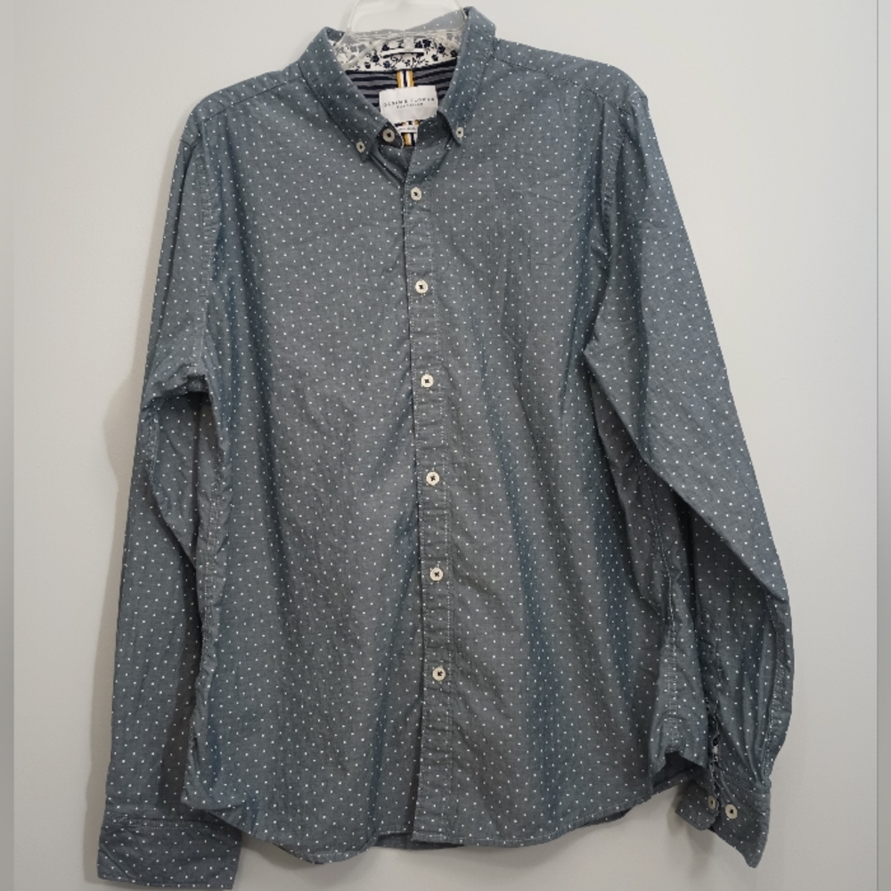 Men's Denim & Flower Gray Polka Dot Button Down‎ Shirt XL
